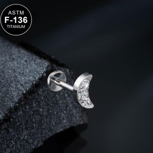 16G TITANIUM Moon Labret Stud/Cartilage Stud/Inner Conch Stud/Helix/Tragus Stud/Flat Back Earring/1PCS/Forward Helix/Internally Threaded