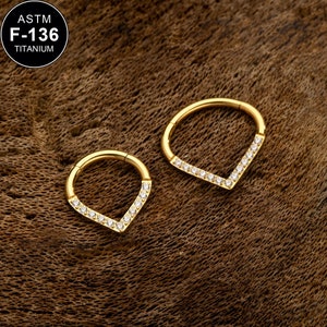 16G Titanium Gold V Shape CZ Daith Clicker/Hinged Daith Hoop/Cartilage Hoop/Helix Hoop/Tragus Hoop/Conch Piercing/Septum Jewelry/Gift