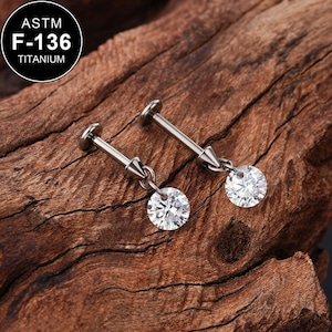16G Titanium Spike Ground CZ Cartilage Stud/Labret Stud/Tragus Stud/Flat Back Earring/Helix Stud/Cartilage Piercing/Internally Threaded/Gift