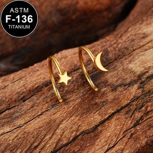 20G Titanium Gold Star/Moon C Shaped Nose Hoop/Nose Ring Hoop/Nostril Hoop/Nose Piercing Ring/Tiny Nose Hoop/Nostril Ring/Gift For Her/1PCS