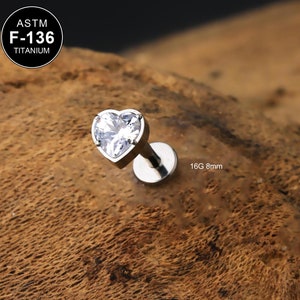 16G Titanium Bezel CZ Heart Stud/Tragus Stud/Cartilage Stud/Inner Conch Stud/Helix/Flat Back Earrings/Labret Stud/Tragus/1 PCS/Cartilage