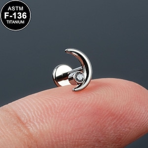 16G Titanium Moon CZ Labret Cartilage Stud/Cartilage Stud/Tragus Stud/Flat Back Earring/Helix Stud/Cartilage Piercing/Internally Threaded