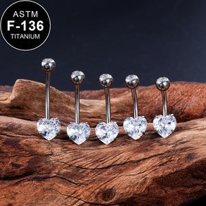 14G Titanium Silver Heart CZ Belly Rings/Curved Barbell/Externally Threaded/Belly Piercing/Belly Jewelry/Belly Button Ring/1PCS/Gift For Her