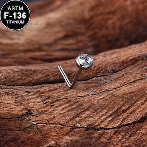 22G L字型タイニーベゼル CZ チタン ノーズスタッド/ノーズリング/ノーズピアス/ノーズジュエリー/ノーズピアス/1個/ミニマリストジュエリー/1.5/2/2.5/3 mm