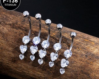 Anillo de ombligo colgante de circonita cúbica en forma de corazón de titanio de 14 g/joyería para el ombligo/barra para el ombligo/barra curva/1 pieza/perforación para el ombligo/rosca interna/regalo