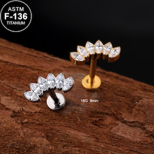 16G Titanium Threadless Gold/Silver Floral CZ Cartilage Stud/Inner Conch Stud/Tragus Stud/FlatBack Earring/Helix Stud/Cartilage Piercing