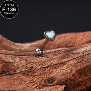 14G Titanium Heart White Opal Tongue Barbell/Tongue Piercing/Tongue Jewelry/Internally Threaded/Barbell Piercing/1PCS/Barbell Jewelry/Gifts