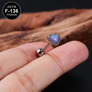 14G Titanium Heart Purple Opal Tongue Barbell/Tongue Piercing/Tongue Jewelry/Internally Threaded/Barbell Piercing/1PCS/Barbell Jewelry/Gifts