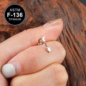 Barra curva colgante de titanio de 16 g con forma de luna y estrella, con rosca interna, pendiente de torre, anillo para cejas, barra de torre, piercing de torre, barra para cejas, regalo para ella