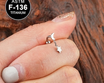 16G TITANIUM Moon&Star Dangle Curved Barbell/nternally Threaded/Rook Earring/Eyebrow Ring/Rook Bar/Rook Piercing/Eyebrow Bar/Gift For Her