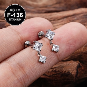16G Titanium Threadless Square CZ Cartilage Stud/Cartilage Stud/Helix/Tragus Stud/Flat Back Earring/Helix Stud/Cartilage Piercing/Gift