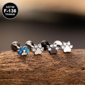 Piercing per cartilagine Labret in titanio 16G con zampa di cane e zirconi cubici/piercing per cartilagine/piercing per trago/orecchino posteriore piatto/piercing per elica/piercing per cartilagine/filettatura interna