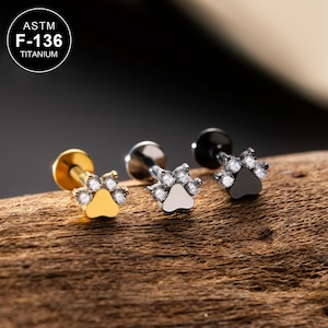 16G Titanium Threadless Dog Paw CZ Cartilage Stud/Cartilage Stud/Helix/Tragus Stud/Flat Back Earring/Helix Stud/Cartilage Piercing/Gift