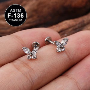 16G Titanium Butterfly CZ Labret Stud/Cartilage Stud/Tragus Stud/Flat Back Earring/Helix Stud/Cartilage Piercing/Internally Threaded/Gift