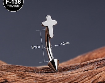 16G Titanium Tiny Cross & Spike Rook Curvo Barbell/Rook Piercing/1PCS/Rook Brinco/Anel de Sobrancelha/Rosca Interna/Joias de Sobrancelha/Presentes