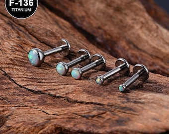 Brinco de titânio 20/18/16G com bisel pequeno e opala, sem rosca, com parte traseira plana/pino de nariz/pino de pressão, piercing labret/hélice/tragus/concha/brinco de lóbulo da orelha/presentes