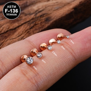 20g/18g/16g Rose Gold Titanium Tiny Bezel CZ Threadless Flat Back Earring/Nose Stud/Push Pin Labret Stud/Helix/Tragus/Conch/Earlobe Earring