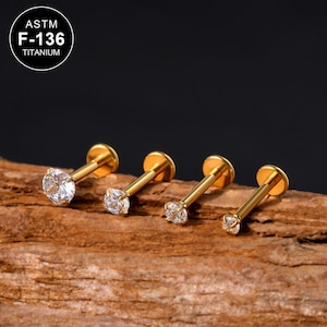 16G Titanium Gold CZ Labret Cartilage Stud/Cartilage Stud/Tragus Stud/Flat Back Earring/Helix Stud/Cartilage Piercing/Internally Threaded