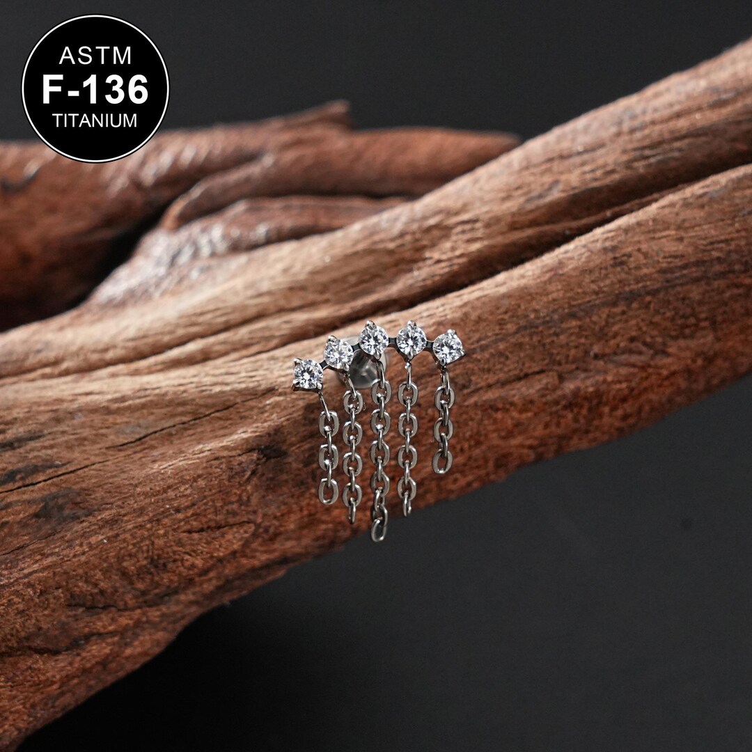 16G Titanium CZ Dangled Chain Labret Cartilage Stud/internally Threaded ...