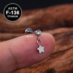 16G titanium CZ dangle Star-kraakbeenstekker/Labret-stekker/Tragus-stekker/oorbel met platte achterkant/Helix-stekker/Kraakbeenpiercing/inwendig geschroefd/cadeau