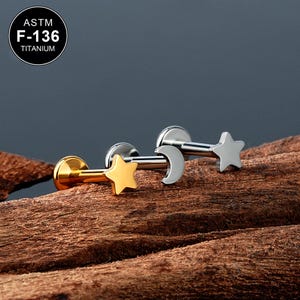 16G Titanium Moon & Star Labret Cartilage Stud/Cartilage Stud/Tragus Stud/FlatBack Earring/Helix Stud/Cartilage Piercing/Internally Threaded