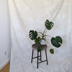 May include: A green Monstera plant in a white pot sits on a black metal stool with a round gray stone top. The stool and plant are on a white backdrop.