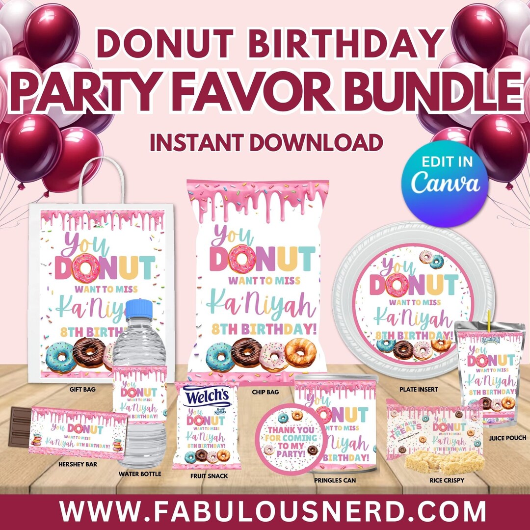 Donut Birthday Party Favor Bundle, Printable Party Bundle, Custom Party Bundle, Party Decor ...