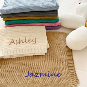 Personalized Knit Baby Blanket Embroidery Gift for Baby Shower Stroller Blanket Monogrammed Newborn Baby Gift Soft Cotton Knit White
