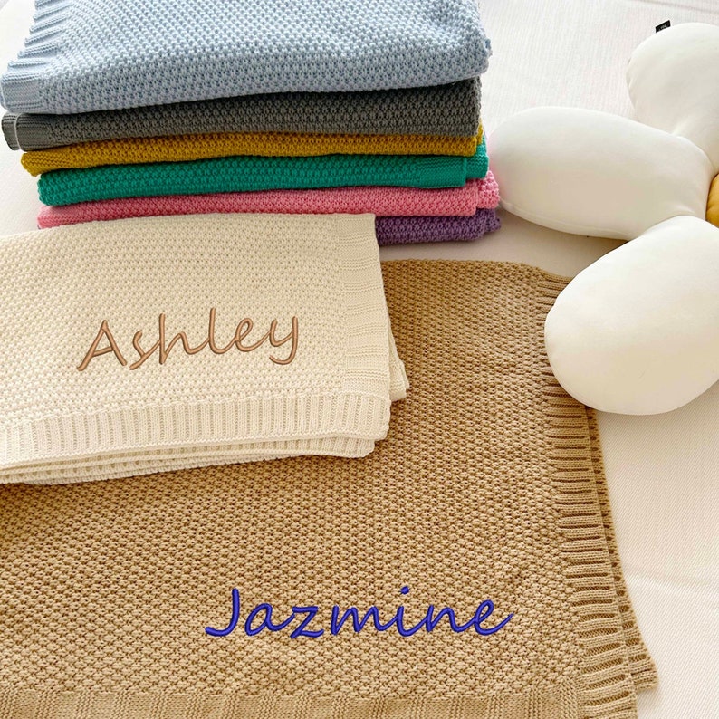 Personalized Knit Baby Blanket Embroidery Gift for Baby Shower Stroller Blanket Monogrammed Newborn Baby Gift Soft Cotton Knit White