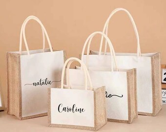 Personalized Burlap Tote Bags Custom Name Jute Bag Bridesmaid Gift Bag Bachelorette Party Monogram Beach Bag Wedding Favors Gift for Her