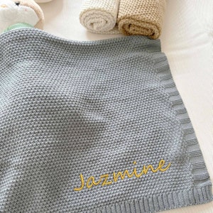 Personalized Knit Baby Blanket Embroidery Gift for Baby Shower Stroller Blanket Monogrammed Newborn Baby Gift Soft Cotton Knit Gray