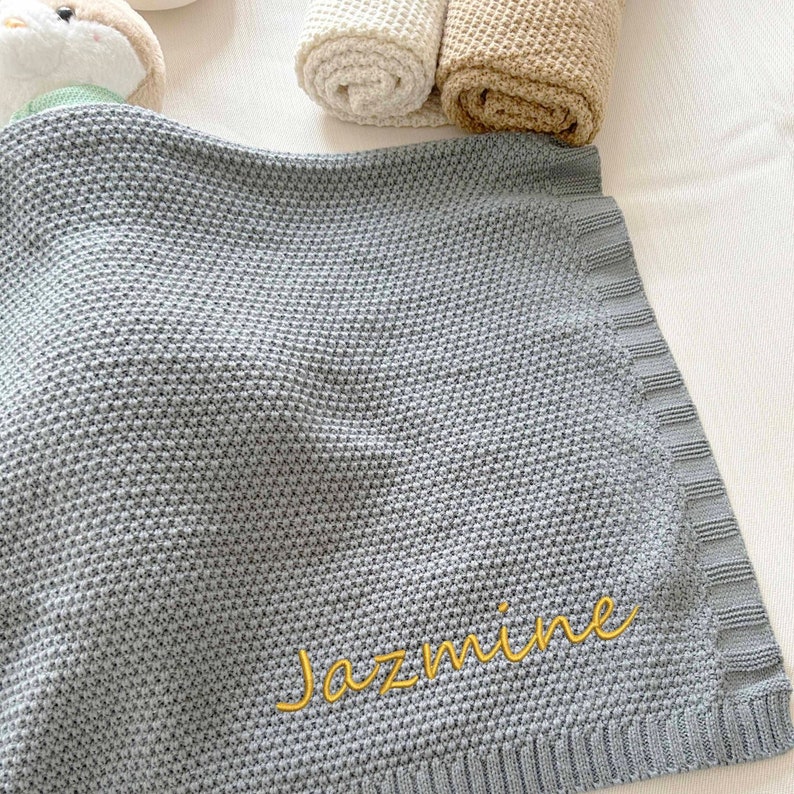 Personalized Knit Baby Blanket Embroidery Gift for Baby Shower Stroller Blanket Monogrammed Newborn Baby Gift Soft Cotton Knit Gray