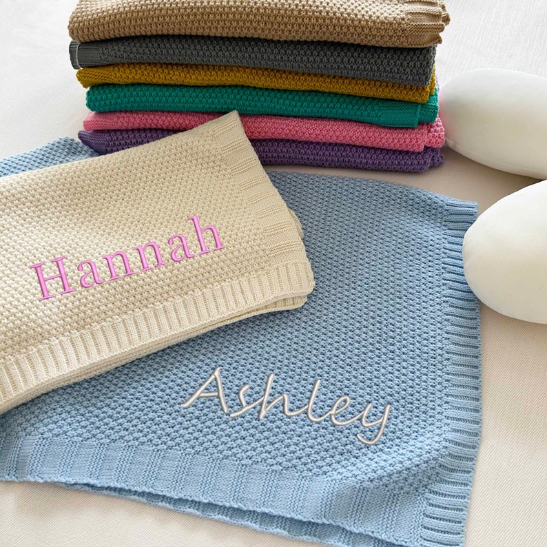 Personalized Knit Baby Blanket Embroidery Gift for Baby Shower Stroller Blanket Monogrammed Newborn Baby Gift Soft Cotton Knit Blue