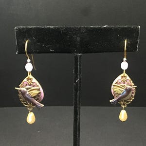 Vintage Gold tone and Pink Hummingbird Earrings