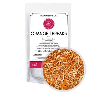 May include: A bag of orange peel threads, labelled "Orange Threads Peel". The bag is white with red text and a red logo. The bag is sitting on a white surface with a close-up of the orange peel threads.