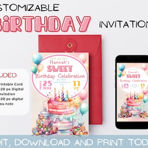 Invito di compleanno personalizzabile di Candy Land: stampabile e digitale.