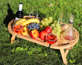 Wine Wooden Table with 4 Glass Slots Outdoor serving picnic table - Wine Glasses & Bottle, Personalized Gift, Sommelier Wine Board