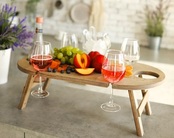 Wine Wooden Table XL Folding Bed Tray Wine Glass Caddy Ideal Wine Lover Gift - Outdoor Wine Glasses & Bottle, Valentine&#39;s Day Gift