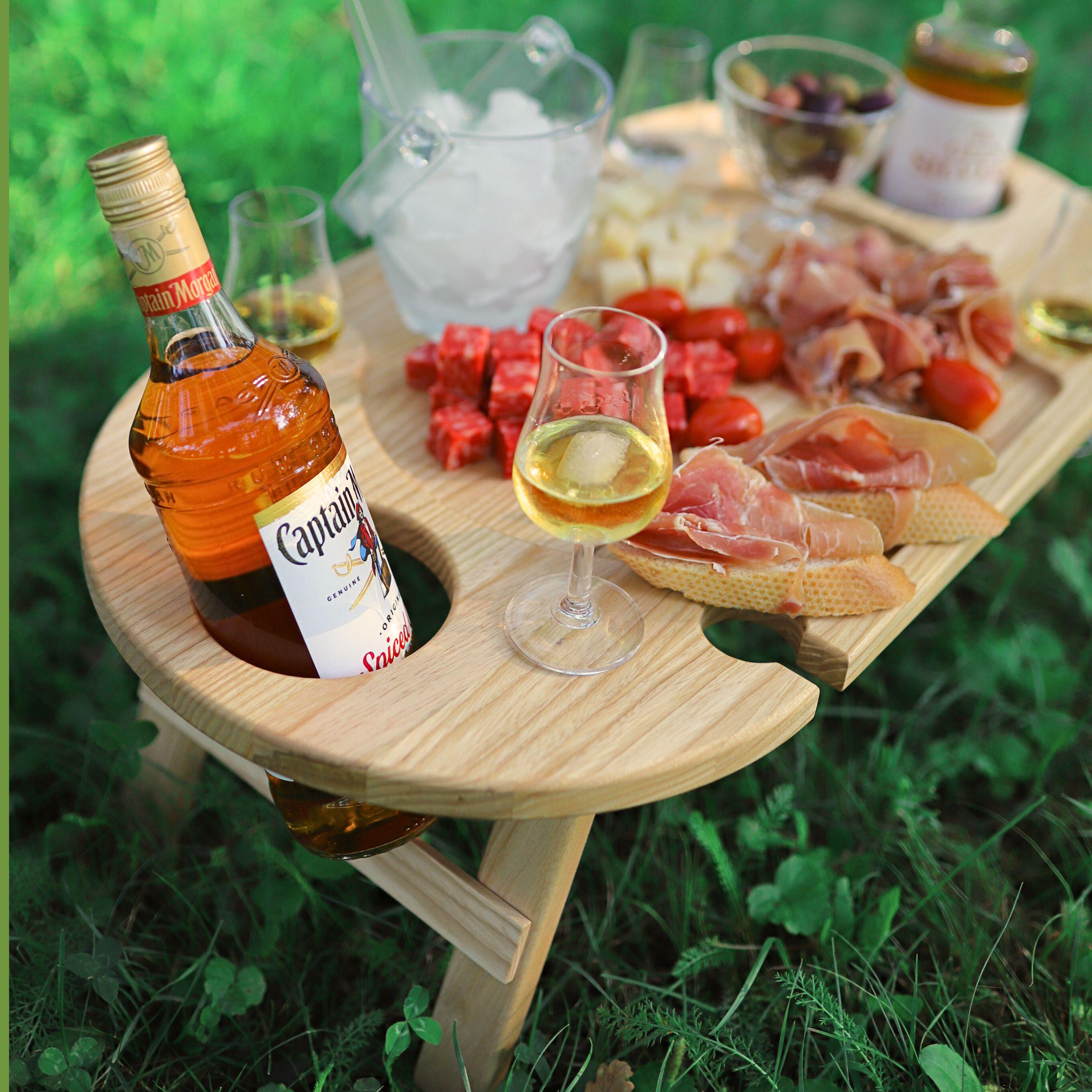 Large Wooden Serving Tray with Four Glass Slots, Oversized Ttray, Foldable Wine Table for Picnic, Sommelier Wine Board, Wine Lover Gift