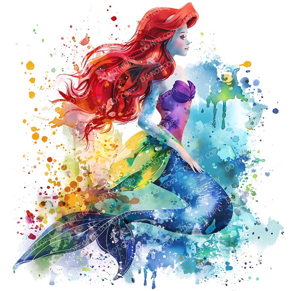 Cute little mermaid clipart, Princess Ariel PNG, Watercolor Background the Little Mermaid PNG, Instant download, Digital High Quality