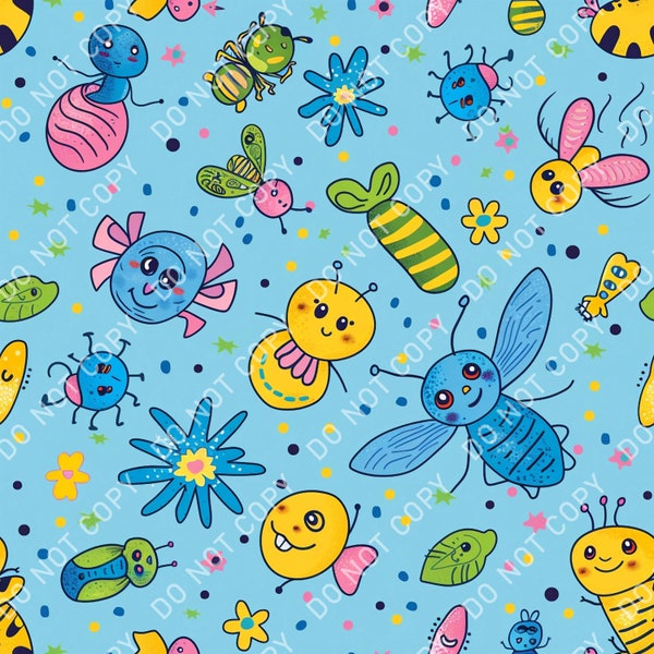 Insects, bugs, children's toys and stuffed animals Print Seamless Pattern Repeating File for Fabric Printing Sublimation Commercial Use Cute