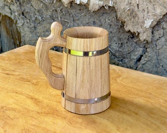 Jarra de cerveza de madera de roble de 0,7 L, jarra vikinga con bandas metálicas