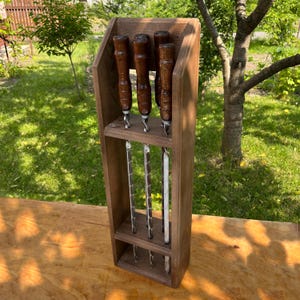 BBQ Skewers Set with Wooden Stand, Stainless Steel Kebab Skewers, Heavy-Duty Grill Tools, Handmade Shashlik Set, Gift for Grill Lovers