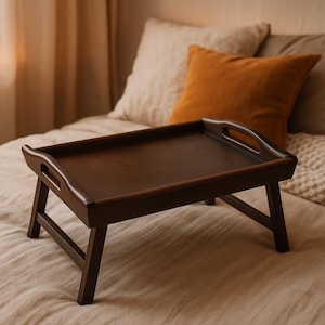 Wooden Breakfast Tray Table with Folding Legs, Laptop Bed Desk, Dark Wood Bed Serving Tray, Handmade wood Lap Table, Gift for Her or Him