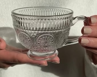 Elegant Glass Tea Cup | Vintage Style Coffee Mug | Embossed Glass Cup | Clear Glass Teacup | Carved Glass Coffee Cup | Gift for Tea Lovers
