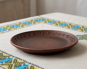 Handmade Red Clay Plate, Ceramic Dinnerware, Rustic Flat Dish, Ukrainian Pottery
