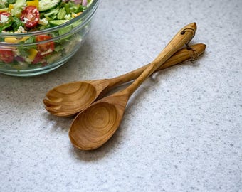Cherry Wood Salad Servers Set, Wooden Spoon and Spork, Handmade Kitchen Utensils
