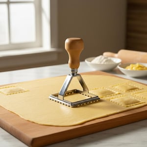 Peut inclure: Un emporte-pièce à raviolis avec une poignée en bois et un découpeur carré en acier inoxydable. L'emporte-pièce est pressé dans une feuille de pâte à pâtes sur une planche à découper en bois, créant des raviolis carrés. Ingrédients et rouleau à pâtisserie en arrière-plan.
