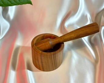 Rustic Wooden Mortar and Pestle Set, Handmade Cherry Wood Herb Grinder, Spice Crusher for Kitchen & Apothecary Use, Housewarming Gift Idea