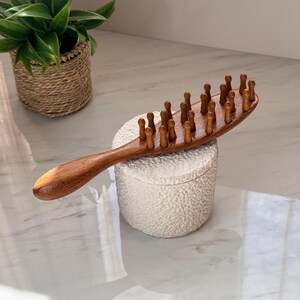 Puede incluir: Un cepillo de pelo de madera con un mango largo y cerdas de madera redondeadas. El cepillo es de color marrón cálido y descansa sobre un recipiente de cerámica blanco roto texturizado. Una pequeña planta en maceta en una cesta tejida está en el fondo.